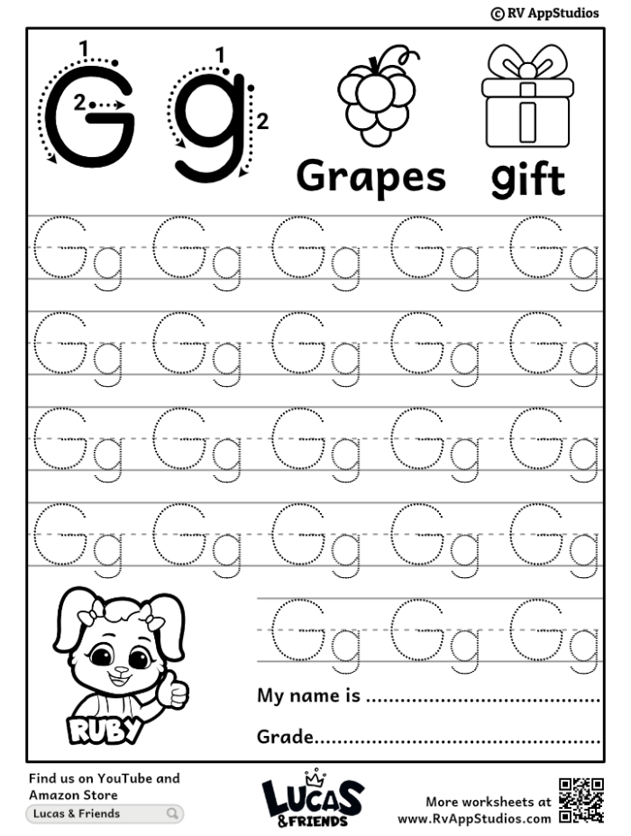 Letter G Maze Worksheet 11: Help the Mama Giraffe Find Her Baby Mother giraffe navigating through the letter G maze to reach her baby calf in this Pre-K letter recognition activity