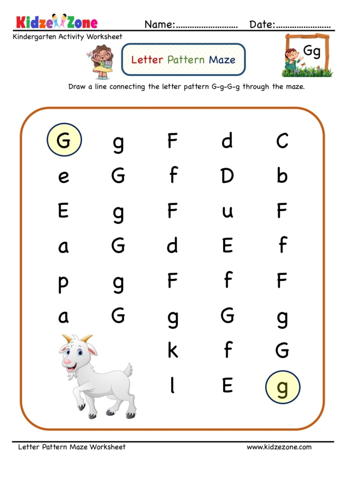 Letter G Maze Activity 12: Help the Giraffe Find Her Baby Mother giraffe navigating through letter G shaped path to reach baby giraffe in maze puzzle for preschool learning
