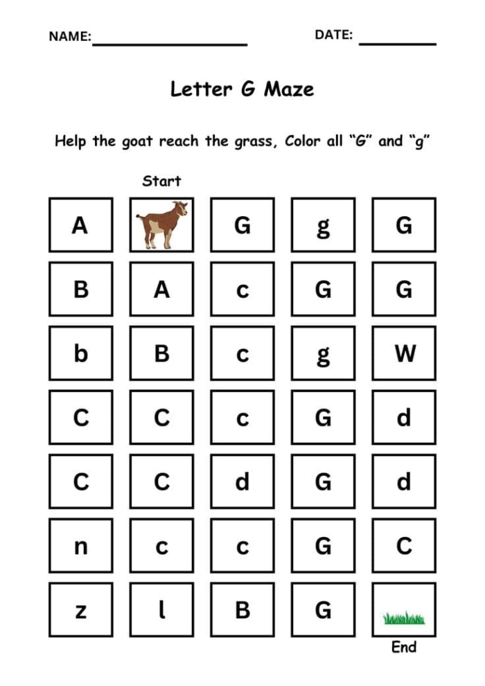 Letter G Maze Worksheet for Pre-K Students with Giraffe Theme Mother giraffe navigating through a letter G shaped maze to reach her baby giraffe calf