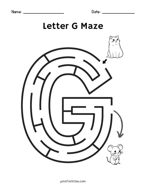 Pre-K letter G maze printable worksheet number 23 Letter G maze worksheet featuring a mother giraffe searching for her baby
