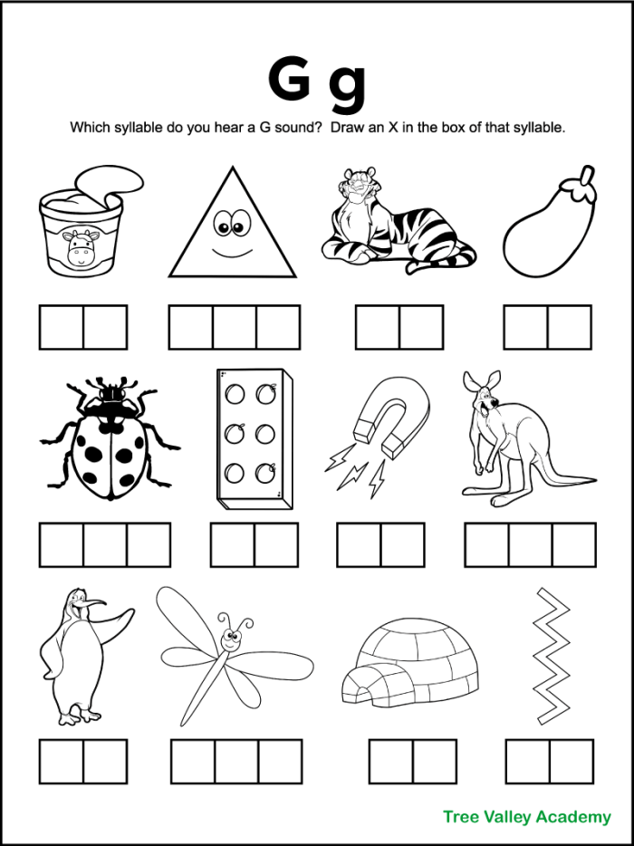 Pre-K phonics worksheet for identifying objects that begin with the letter G