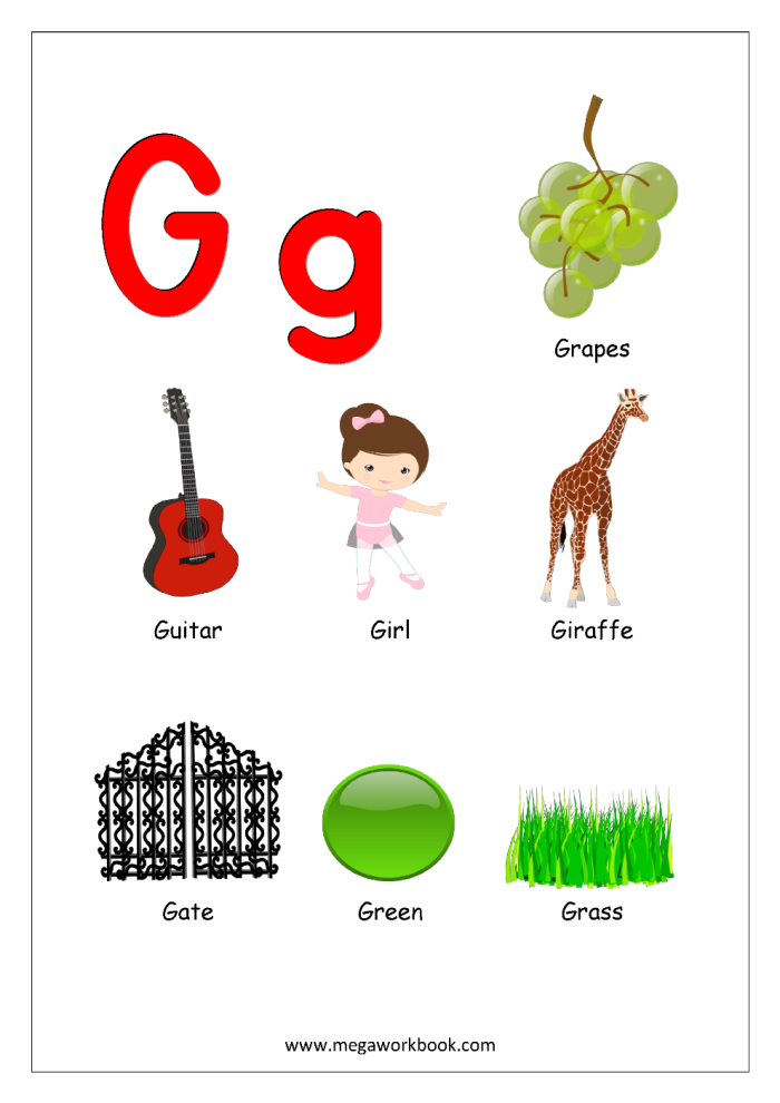 Preschool phonics worksheet featuring various objects for children to identify starting with the letter G