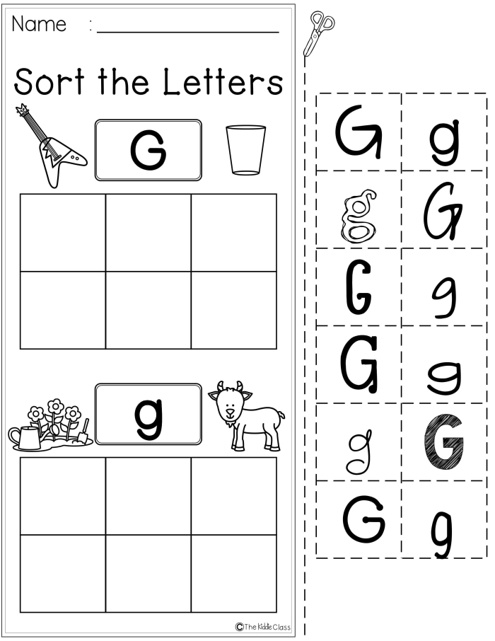 Grammar and Mechanics worksheet for Pre-K Worksheet featuring a hands-on activity for identifying words that begin with the letter G for early learners. Engaging Letter G worksheet for preschool through first grade students.
