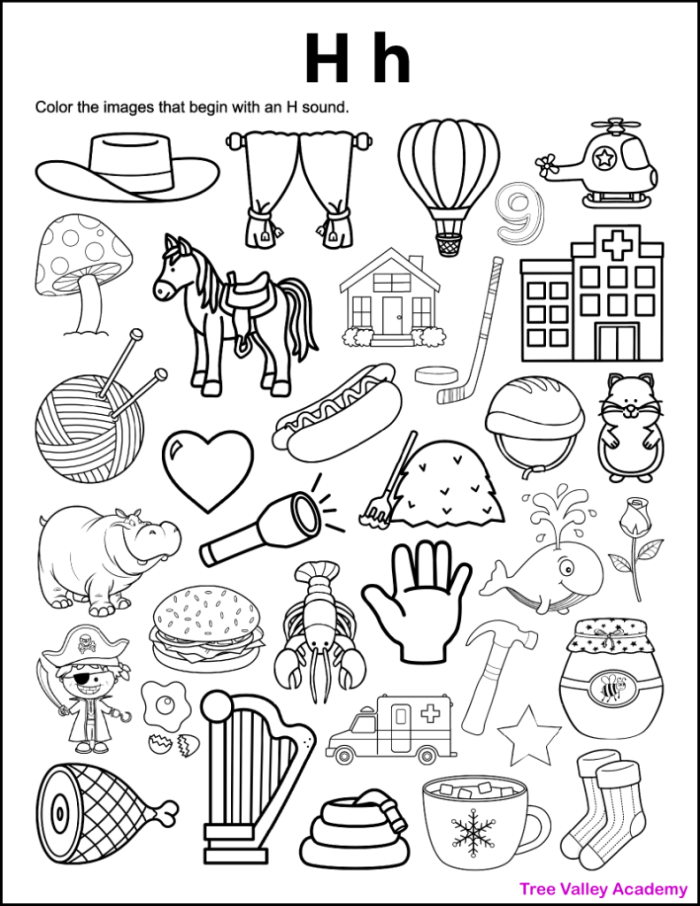 Worksheet showcasing items that begin with the letter H for phonics practice