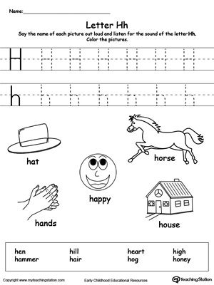Worksheet featuring various items that begin with the letter H for phonics practice