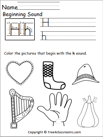 Pre-K phonics worksheet featuring various objects for children to identify items starting with the letter H