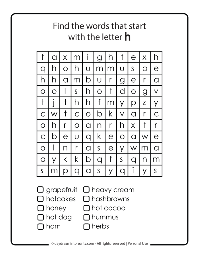 Pre-K phonics worksheet for identifying objects that begin with the letter H