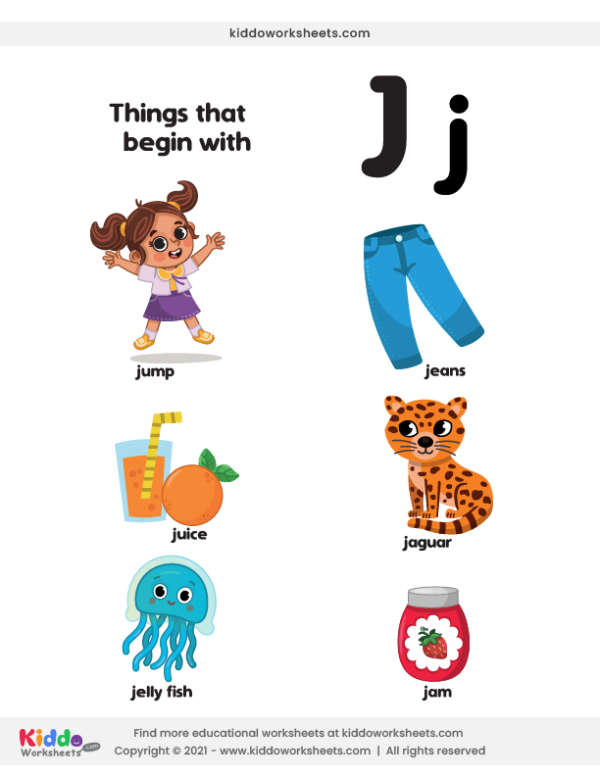 Worksheet featuring items that begin with the letter J for phonics practice
