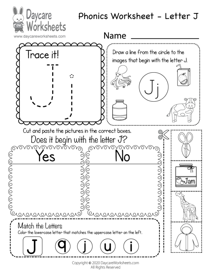 Pre-K worksheet page featuring various illustrations for children to identify objects starting with the letter J
