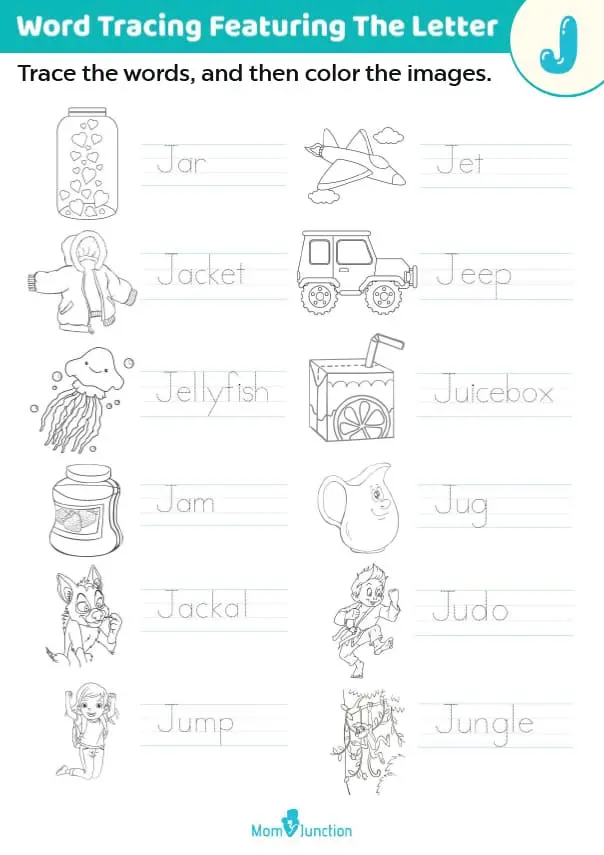 Preschool worksheet featuring multiple illustrations for kids to identify words starting with the letter J
