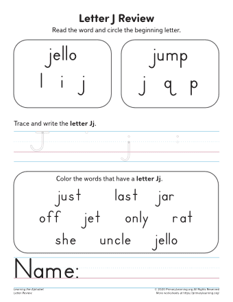 Worksheet featuring items that begin with the letter J for preschool children