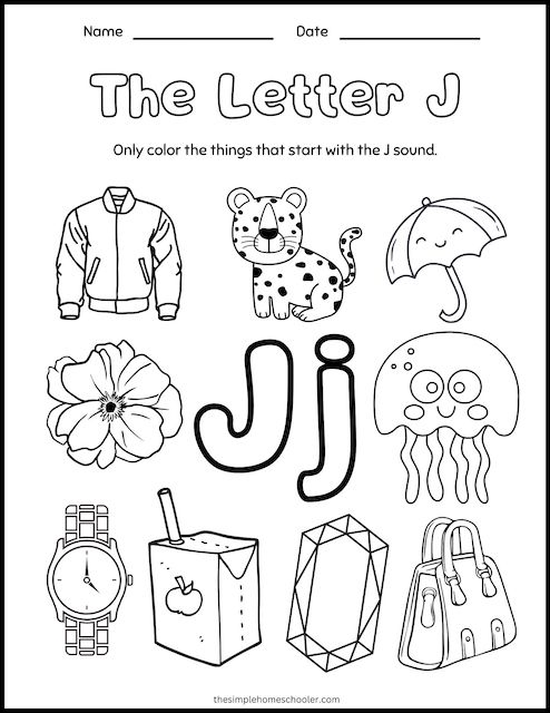 Pre-K alphabet worksheet for identifying words starting with the letter J