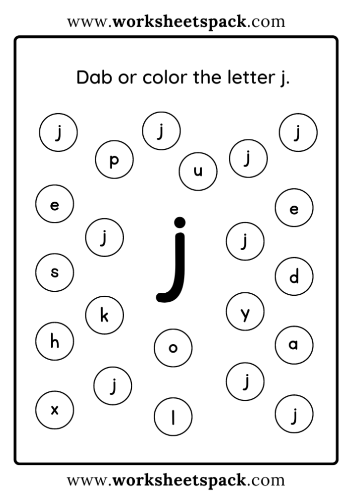 Worksheet featuring the letter J, encouraging kids to find words that start with J. Interactive activity for preschool, kindergarten, and first-grade students.