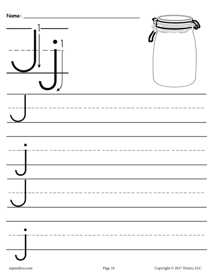 Worksheet featuring the letter J with words for preschoolers to identify