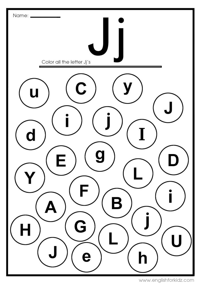 Worksheet featuring the letter J with words for preschool and kindergarten activities