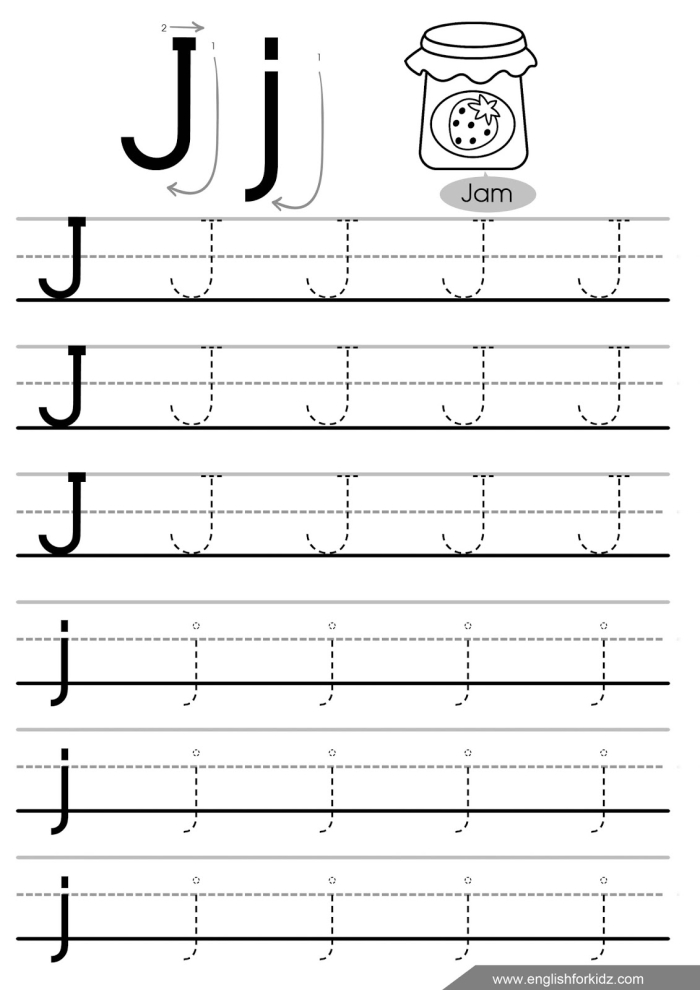 Worksheet featuring the letter J with words for preschoolers to discover