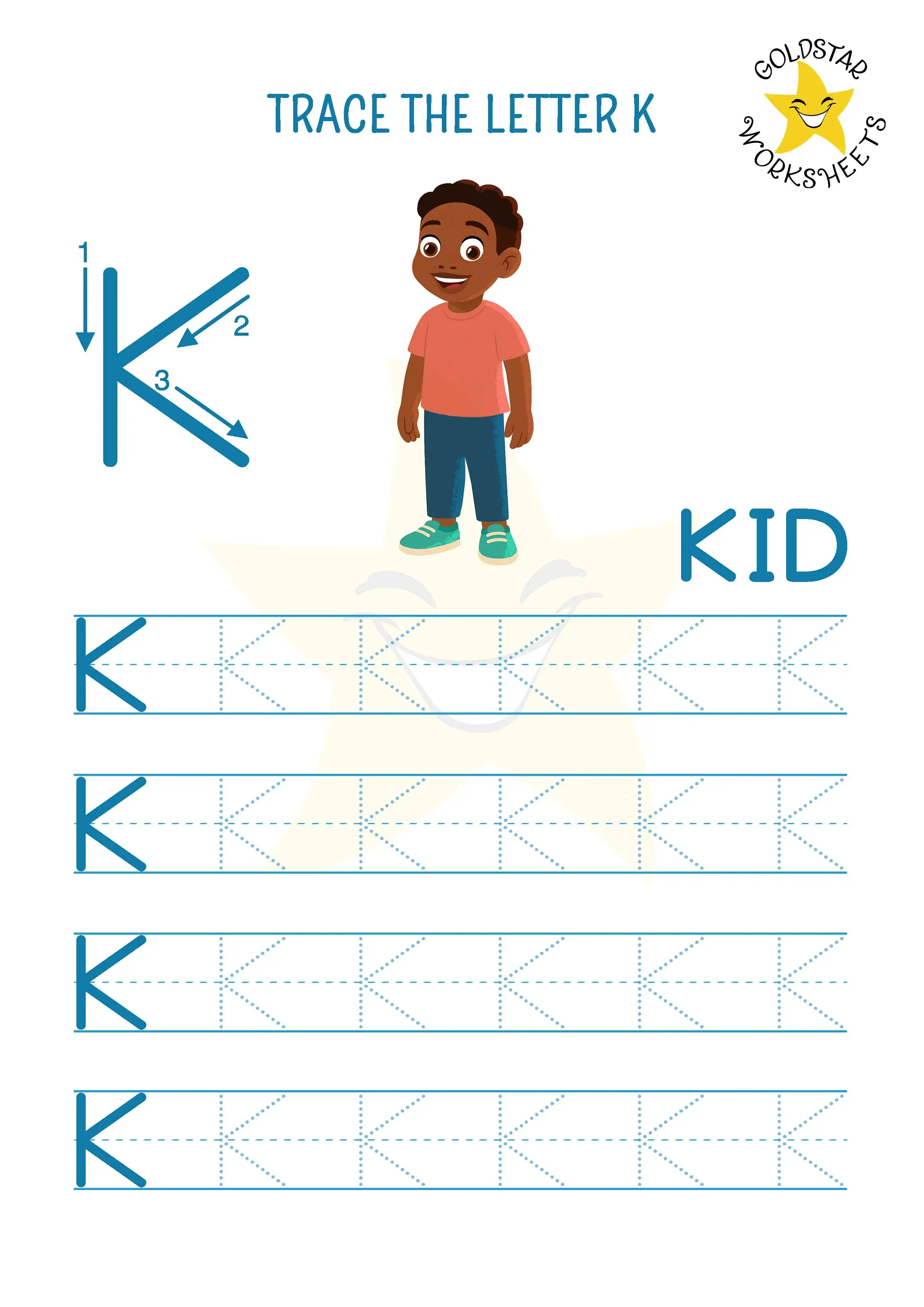 Practice Tracing the Letter K Worksheet for Pre-K Fine Motor Development Child tracing dotted lines and the letter K on a prekindergarten writing practice worksheet to develop fine motor skills