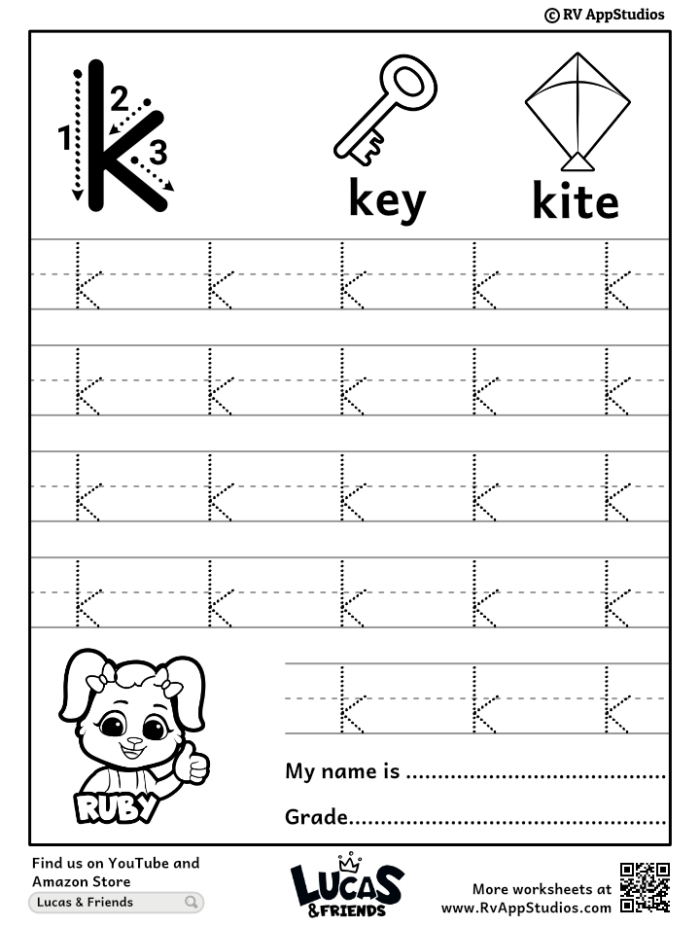 Letter K writing practice worksheet for preschool children image 10 Pre-K student worksheet featuring guided strokes and dashed lines for practicing how to write the letter K