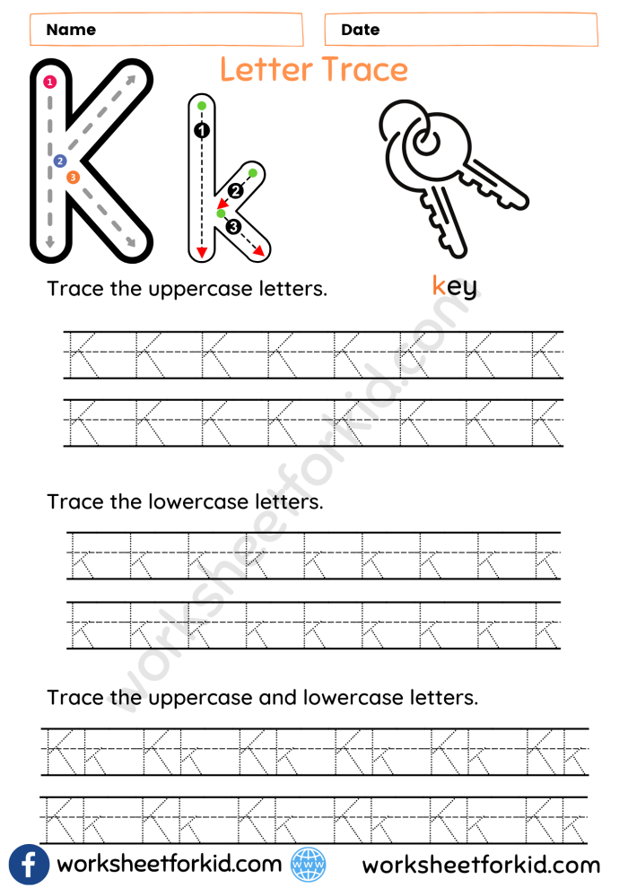 Practice Tracing the Letter K Activity for Pre-K Students Number 21 A young child's hand tracing dotted lines and the letter K on a practice worksheet designed to develop writing skills