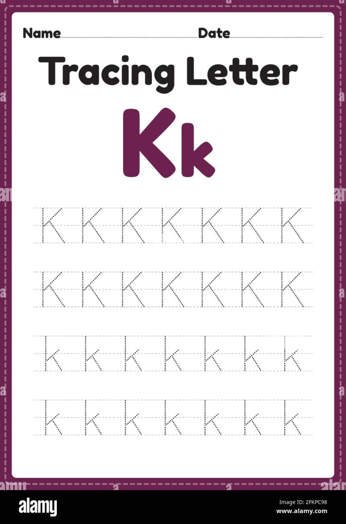 Practice Tracing the Letter K Worksheet for Pre-K Students 2 Pre-K student tracing dotted lines and the letter K on a printable handwriting practice sheet