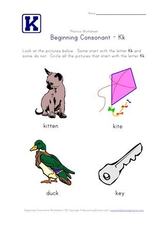 Worksheet featuring various items that begin with the letter K for preschool learning