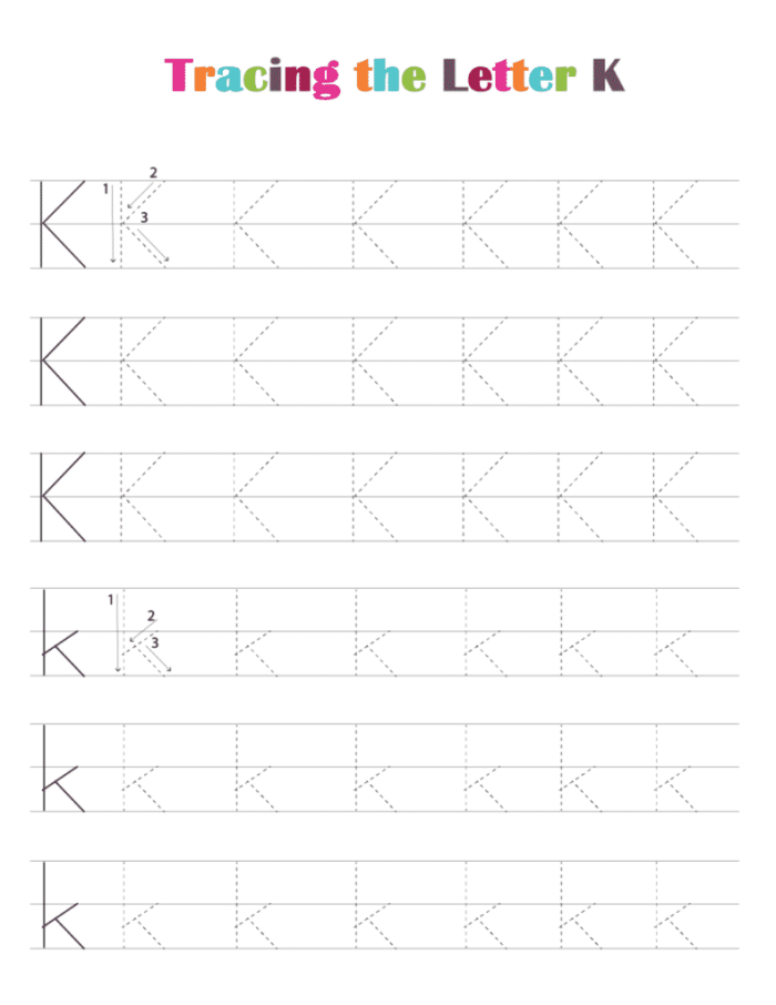 Letter K Tracing Practice Worksheet for Pre-K Students 11 Pre-K student worksheet for practicing tracing lines and the letter K