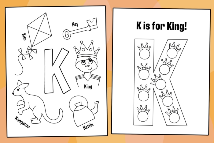 Worksheet featuring words that begin with the letter K for early learners