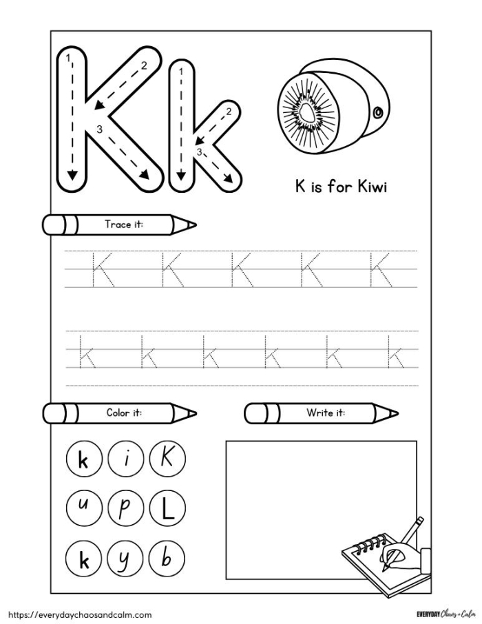 Worksheet for finding words that begin with the letter K for young learners