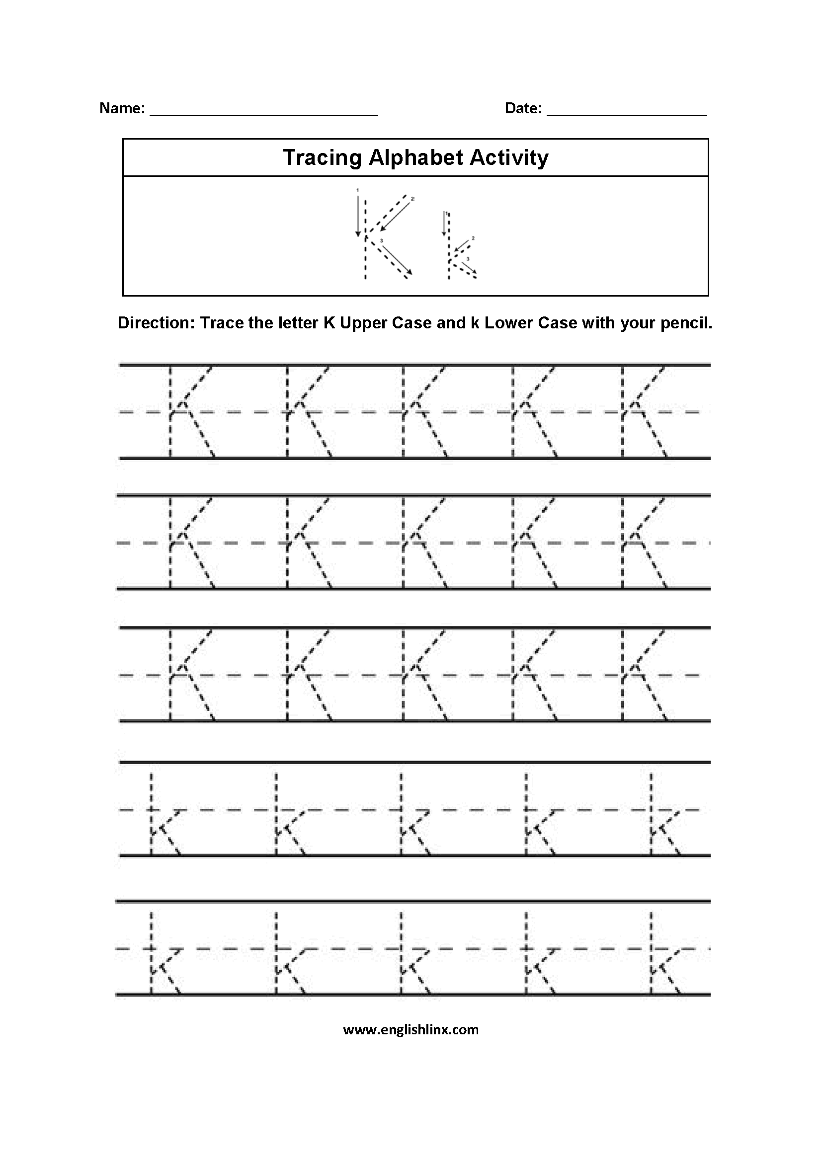 Practice Tracing the Letter K Worksheet 18 Pre-K student worksheet featuring guided tracing lines and letter K formation exercises number eighteen