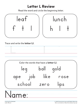 Worksheet featuring items that begin with the letter L for phonics practice