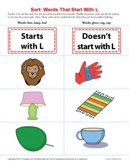 Pre-K phonics worksheet featuring various objects that begin with the letter L for students to identify