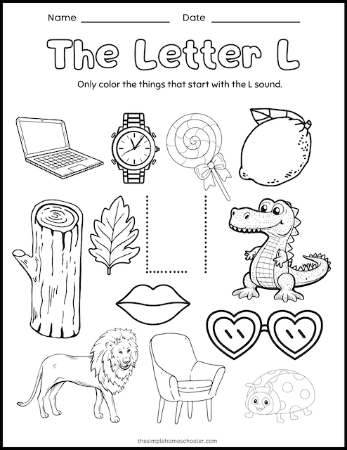 Pre-K phonics worksheet for identifying objects that begin with the letter L