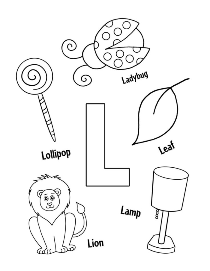 Hands-on learning activity for kids focusing on words that start with L Worksheet featuring the letter L with words for preschoolers to identify