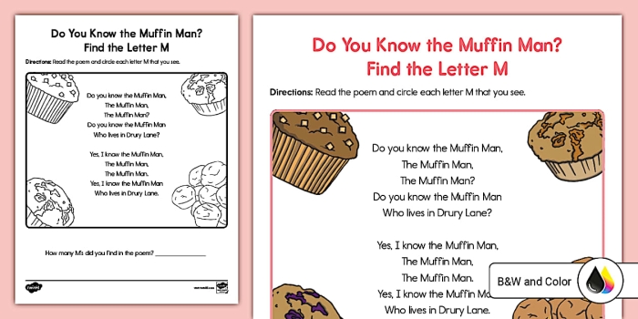 Children pointing at letter M words in the Do You Know the Muffin Man nursery rhyme worksheet activity for early learners