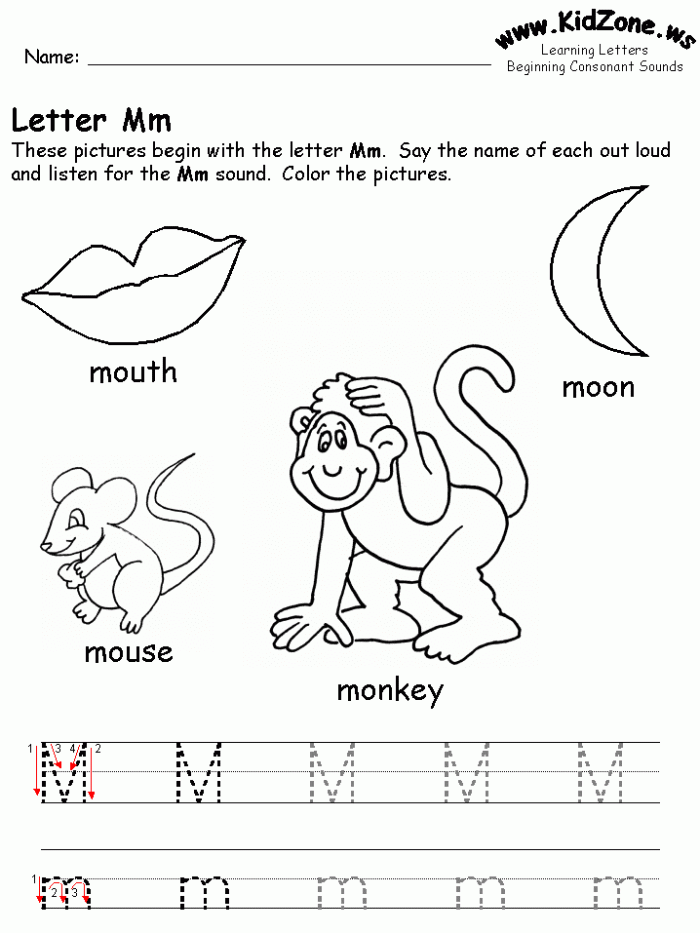 Pre-K phonics worksheet for practicing letter M sounds by identifying pictures