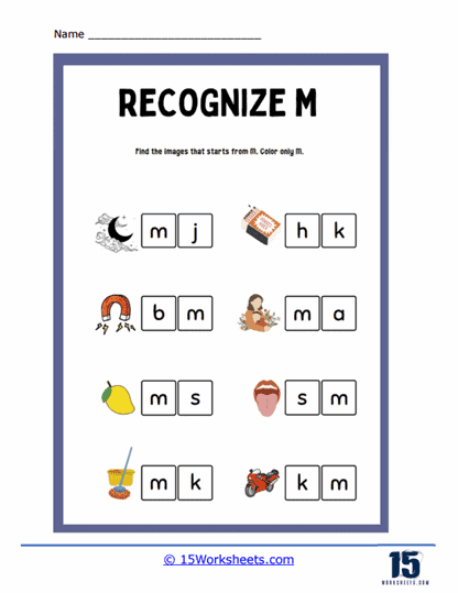 Civics and Government worksheet for Pre-K Worksheet featuring the letter M with words for preschoolers to identify. Engaging activity for young learners focusing on the letter M.