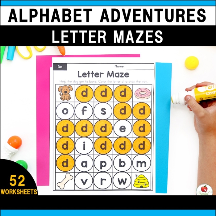 Grammar and Mechanics worksheet for Kindergarten Colorful letter maze worksheet for kindergarten focusing on the letter A, featuring an apple and a hand. Engaging A maze activity for young learners to enhance their reading skills.
