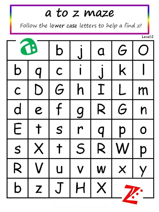 Grammar and Mechanics worksheet for Kindergarten Colorful letter maze worksheet for kindergarten focusing on the letter A, featuring an apple and a hand. Engaging A maze activity for young learners to practice recognizing the letter A.