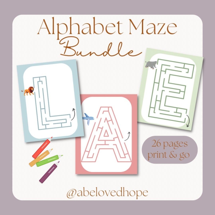 Grammar and Mechanics worksheet for Kindergarten Children navigating through an A maze, connecting an apple to a hand by tracing A's. Fun Letter Maze worksheet for kindergarteners focusing on reading skills.