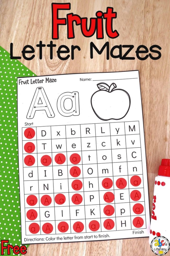 A fun Letter Maze worksheet for kindergarten students focusing on the letter A Kids navigating through the letter A maze from an apple to a hand on a fun worksheet