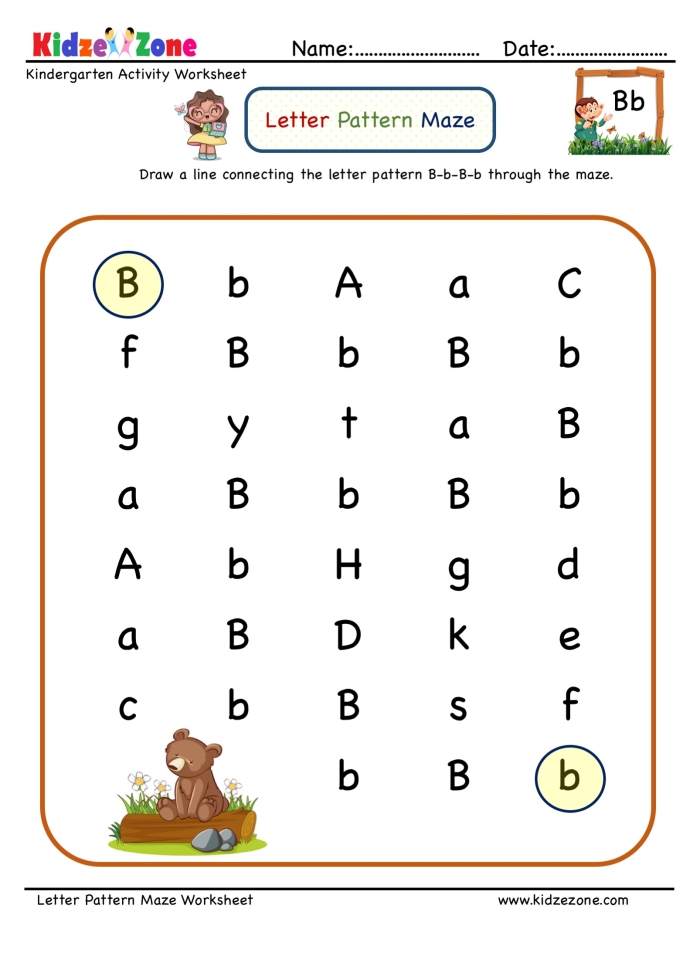 French worksheet for Kindergarten Kids follow the letter B through a maze to help a balloon reach the fence on this fun worksheet. Engaging Letter Maze: B activity for kindergarten students to enhance reading skills.