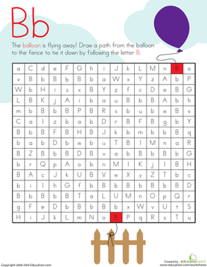 French worksheet for Kindergarten Kids navigate a maze of B's to help a balloon reach the fence on this fun worksheet. Letter Maze: B activity for kindergarteners to enhance reading skills.