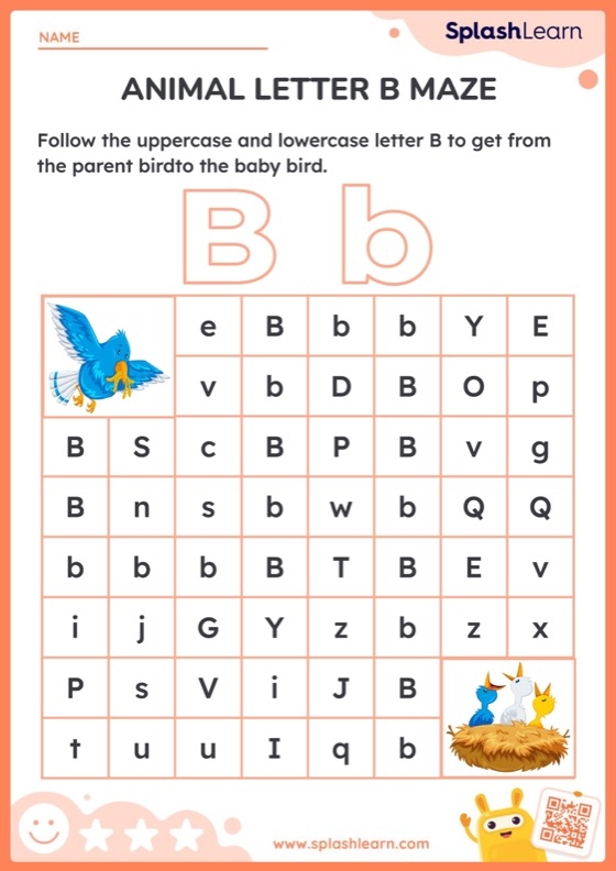 French worksheet for Kindergarten Kids tracing a path through a letter B maze to help a balloon reach the fence. Engaging Letter Maze: B worksheet for kindergarten students in French.