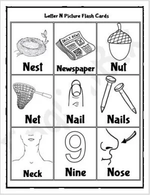 Pre-K phonics worksheet for identifying objects that begin with the letter N