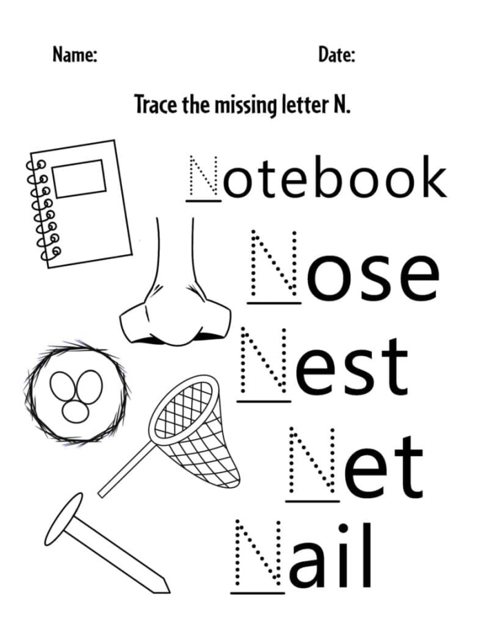 Worksheet for finding words that begin with the letter N, designed for preschool and kindergarten students