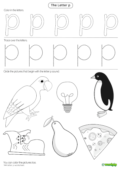 Worksheet featuring items that begin with the letter P for early reading practice