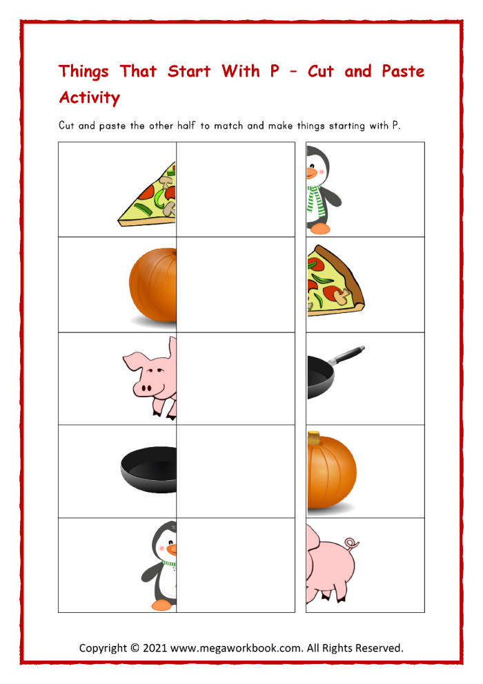 Worksheet featuring objects that begin with the letter P for pre-K learners