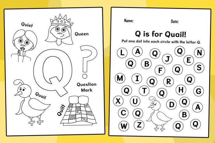 Letter Q activity worksheet featuring words starting with Q for preschool learners