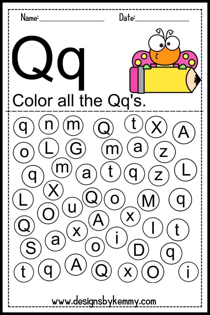 Worksheet featuring the letter Q with words for preschool counting activity