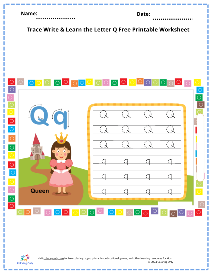 Worksheet featuring the letter Q with words for preschool counting activities